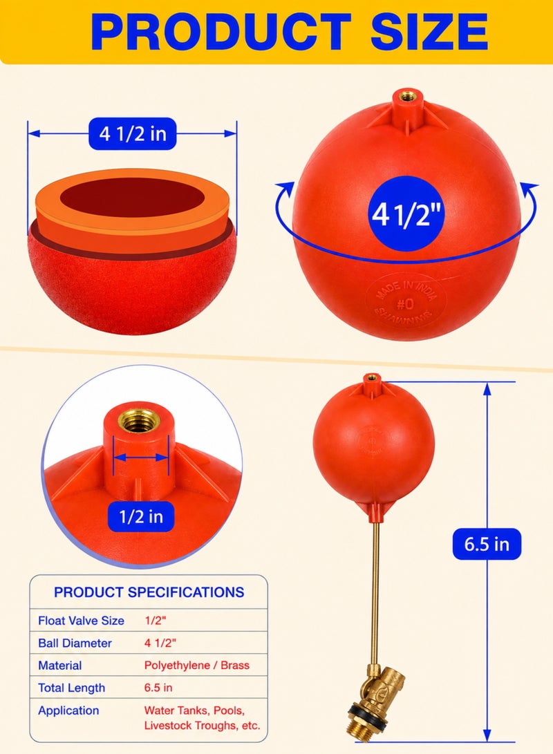 1/2" Float Valve with 4.5" Ball, Automatic Water Level Control Valve, Brass & Polyethylene Construction for Water Tanks, Overhead Tanks, Sumps & Pools - Image 3