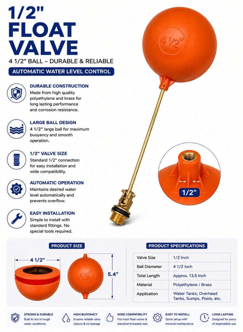 1/2" Float Valve with 4.5" Ball, Automatic Water Level Control Valve, Brass & Polyethylene Construction for Water Tanks, Overhead Tanks, Sumps & Pools - Image 1
