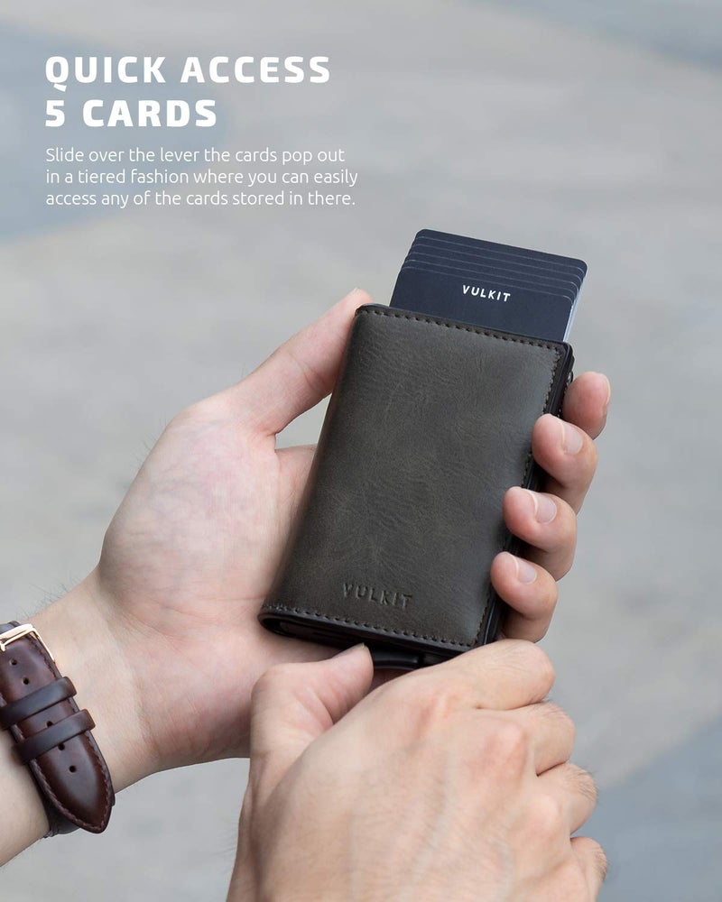 VULKIT VULKIT Card Holder Pop Up Slim Wallet Leather RFID Blocking Card Case Up to 8 Credit Cards Dark Olive  - Image 2