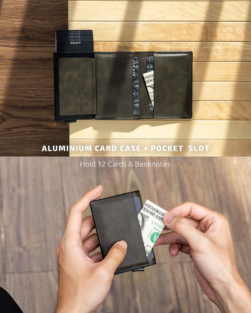 VULKIT VULKIT Card Holder Pop Up Slim Wallet Leather RFID Blocking Card Case Up to 8 Credit Cards Dark Olive  - Image 4