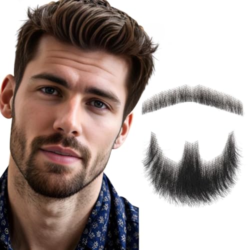 CLIONE Fake Beard Costume Facial Hair 100 Human Hair Realistic Beard Fake Goatee Mustache with Invisible Lace and Adhesive Full Hand Tied Lace Fake Mustache for Parties Halloween Funny Cosplay