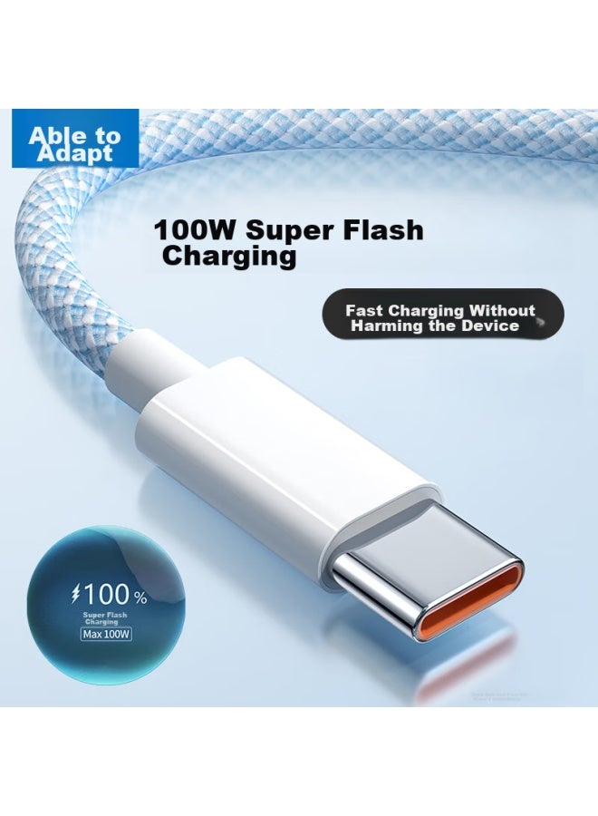 CAN كابل بيانات Type-c من فيت، شحن سريع 100 واط، كابل شحن 6 أمبير، مناسب لسلسلة هواتف هواوي نوفا، شاومي، فيفو، هونر، أوبو، كابل مضفر ممتد Type-c بطول 1 متر باللون الأزرق - Image 1