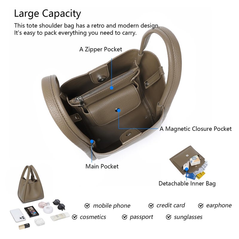 YONBEN PU Leather Tote Bag Bucket Bags Slouchy Handbag with Zipper Bucket Bags for Women (Tea Color) - Image 5