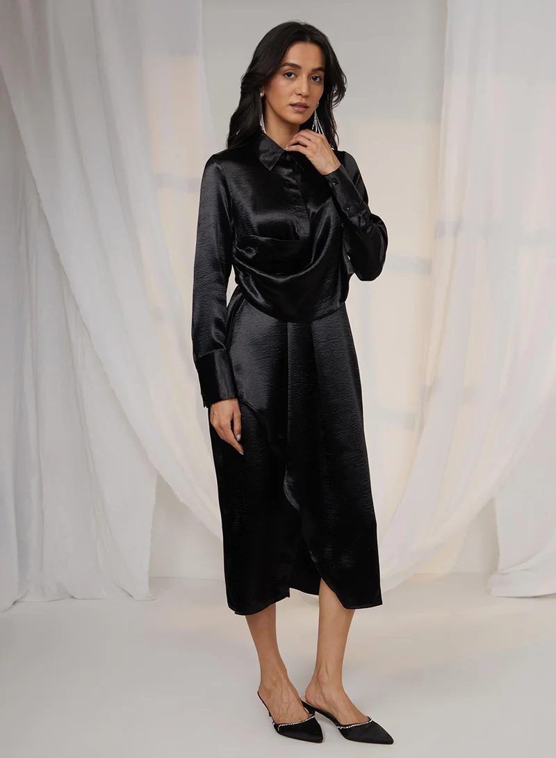 Pinacolada  Women's Midnight Black Draped Shirt Dress for Women | Best Price UAE