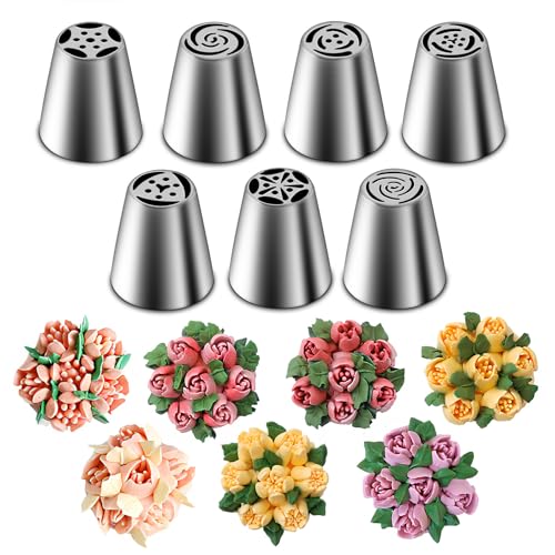 Suuker Russian Piping Tips Set, Stainless Steel Cupcake Flower Shaped Frosting Nozzle Kit, Kitchen Gadgets For Pastry Cupcakes Cakes Cookies Decorating (7 Pieces) - Image 1