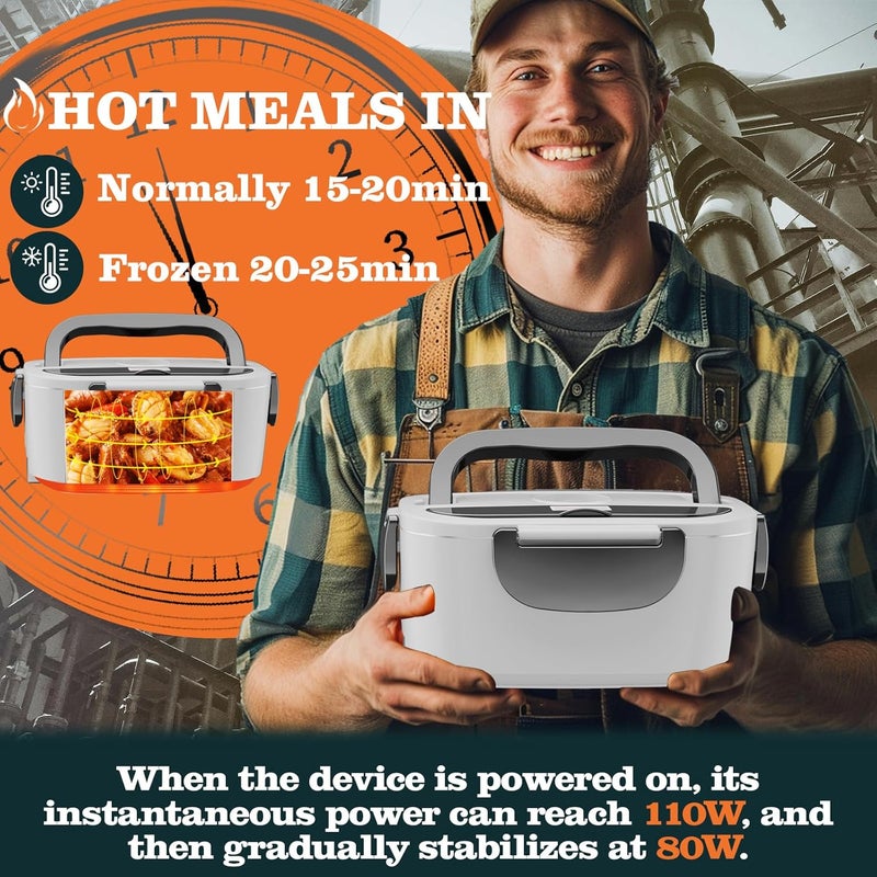 Buddew Electric Heated Lunch Box for Adults - 80W Fast Heating, 1.5L Food-Grade Stainless Steel, 12V/24V/110V Portable Food Warmer for Work Travel Car, Lonchera Electrica Portatil - Image 2