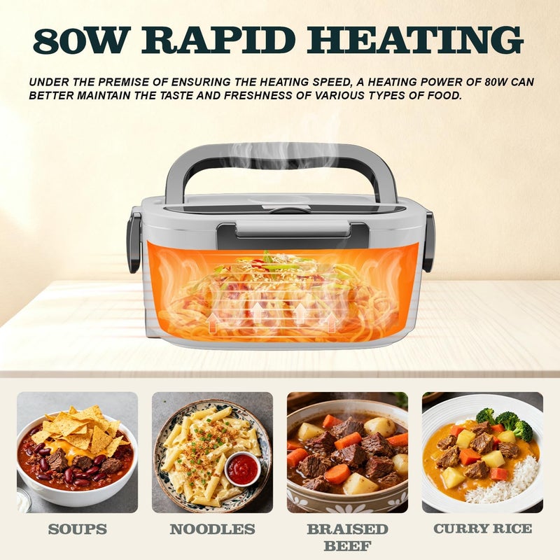 Buddew Electric Heated Lunch Box for Adults - 80W Fast Heating, 1.5L Food-Grade Stainless Steel, 12V/24V/110V Portable Food Warmer for Work Travel Car, Lonchera Electrica Portatil - Image 5