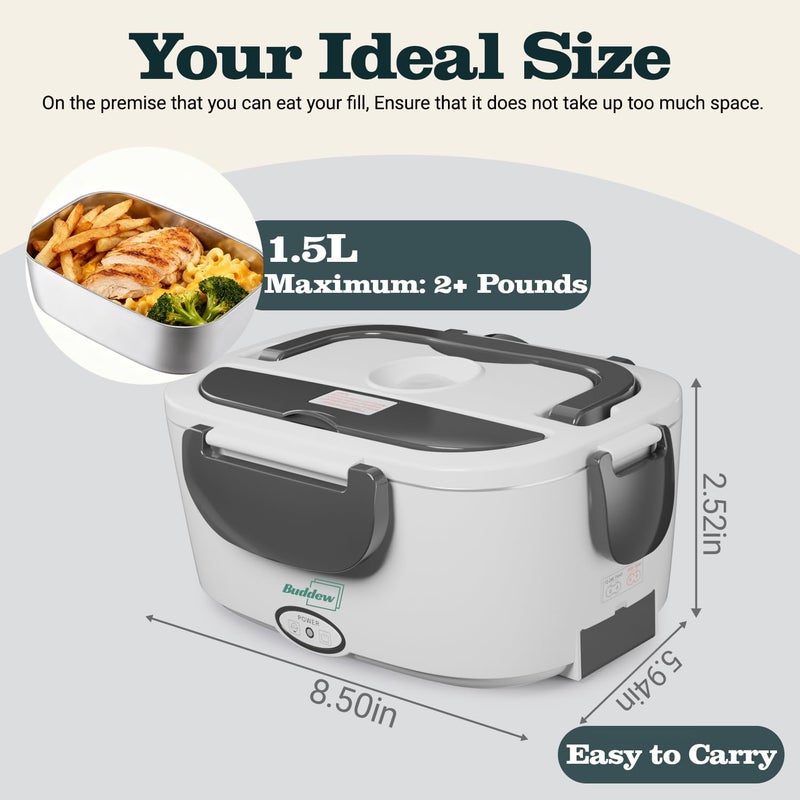 Buddew Electric Heated Lunch Box for Adults - 80W Fast Heating, 1.5L Food-Grade Stainless Steel, 12V/24V/110V Portable Food Warmer for Work Travel Car, Lonchera Electrica Portatil - Image 3