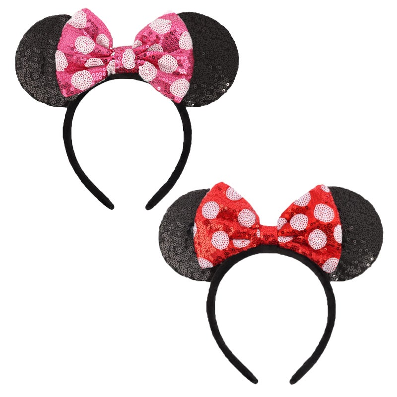 ETLUK Mouse Ears Headbands 2 PCS Sequined Shiny Bow Headband Party Cosplay Accessories for Women Girls Pink Dot Red Dot