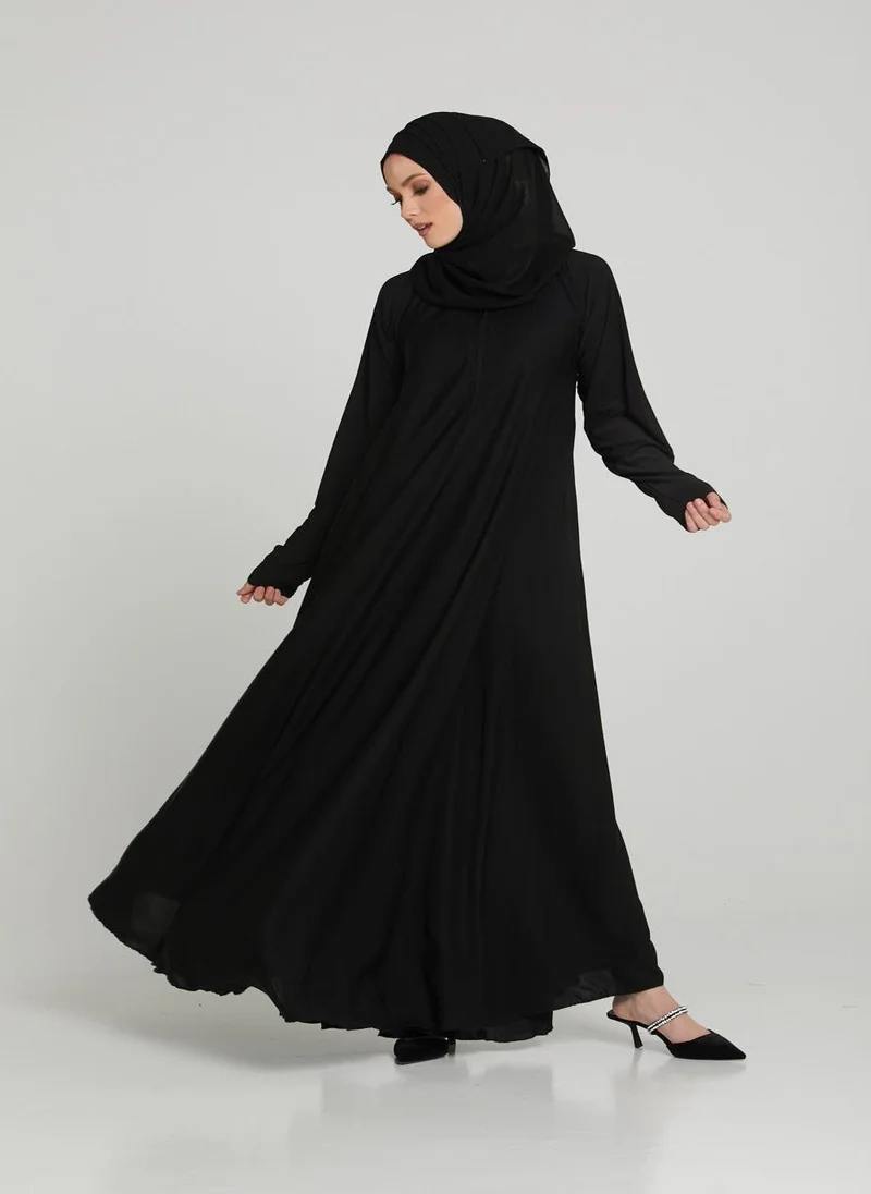 NUKHBAA Black Nida Thumbhole Sleeves Abaya with Hijab