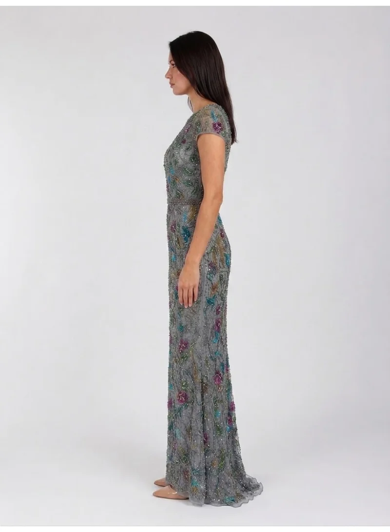 Fashonara Embossed Grey Short Sleeved Evening Dress with sequenced coloured embroidery