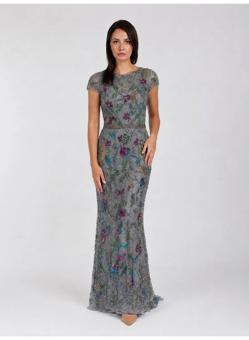 Fashonara Embossed Grey Short Sleeved Evening Dress with sequenced coloured embroidery