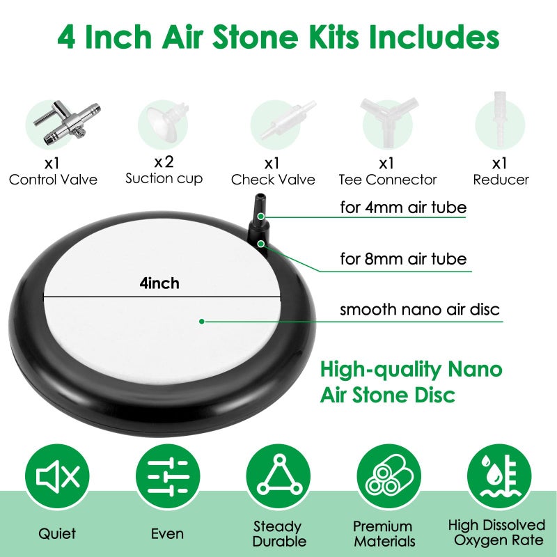 hygger Aquarium Air Stone Kit, Fish Tank Bubbler, Nano Furnace Flue Round Air Stone Disk Set for Hydroponics, Small Bubbles, Ultra-High Dissolved Oxygen Diffuser (4 Inch) - Image 2