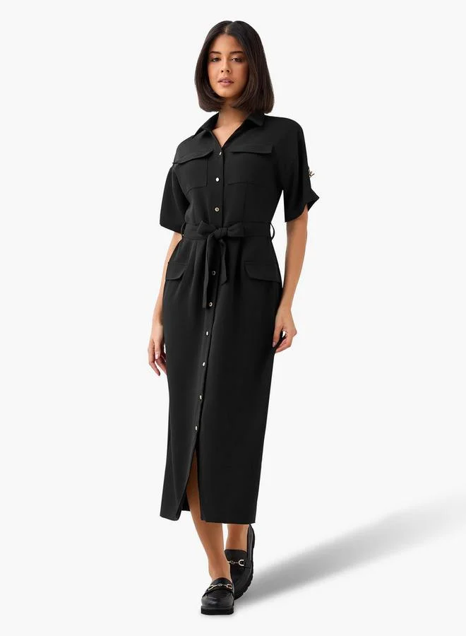 Iconic Iconic Midi Belted Linen Blend Shirt Dress with Pocket Detail