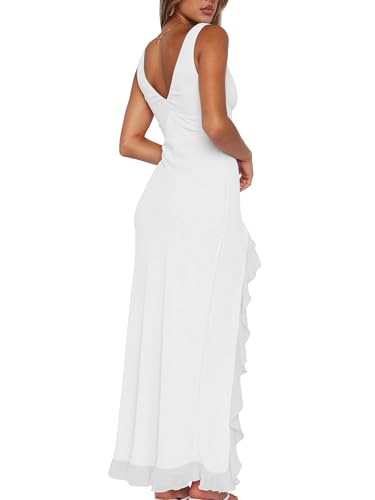 Mokoru Women's Sexy Bodycon V Neck Sleeveless Ruffle Hem High Slit Cocktail Party Maxi Dresses, Small, White - Image 2
