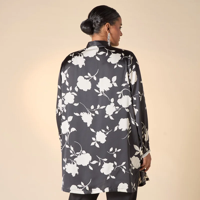 Ulla Popken Plus Size Ulla Popken Floral Print Shirt with Pearl Detail and Long Sleeves