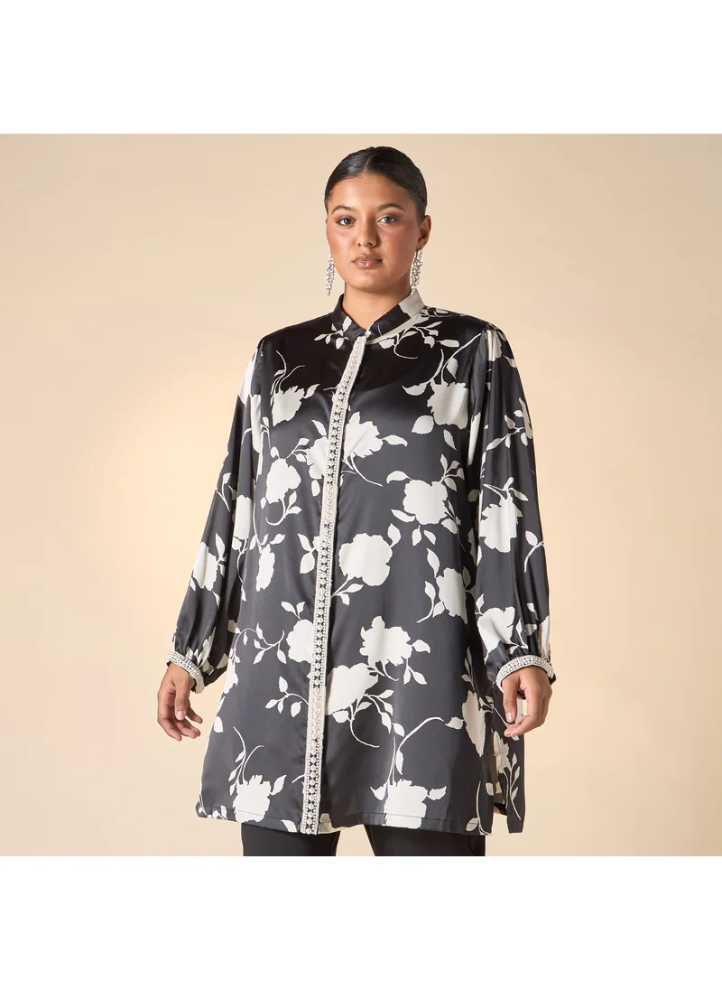 Ulla Popken Plus Size Ulla Popken Floral Print Shirt with Pearl Detail and Long Sleeves