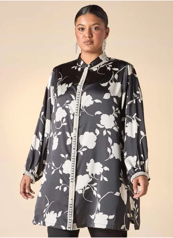  أولا بوبكن Plus Size Ulla Popken Floral Print Shirt with Pearl Detail and Long Sleeves