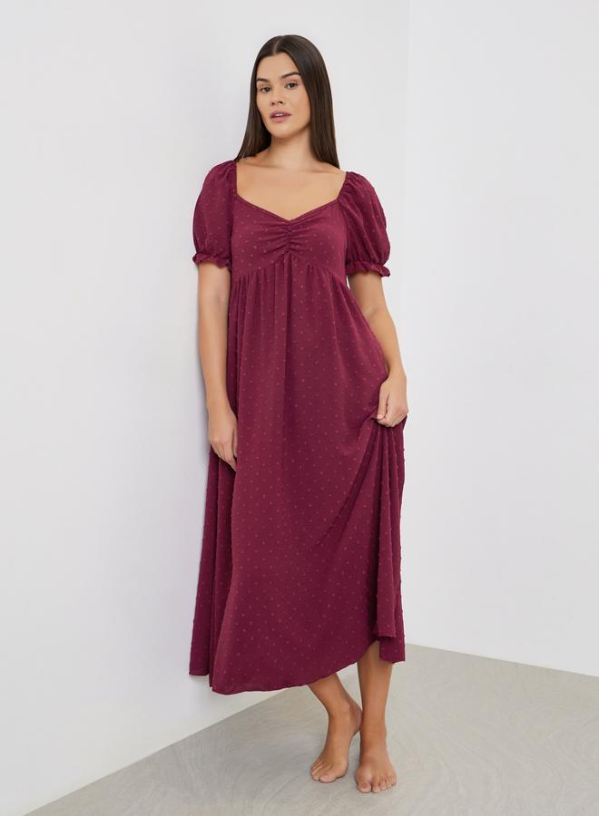 Styli Dobby Pattern Ruched V Neck Nightdress with Puff Sleeves - Image 1