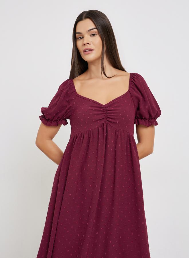 Styli Dobby Pattern Ruched V Neck Nightdress with Puff Sleeves - Image 2
