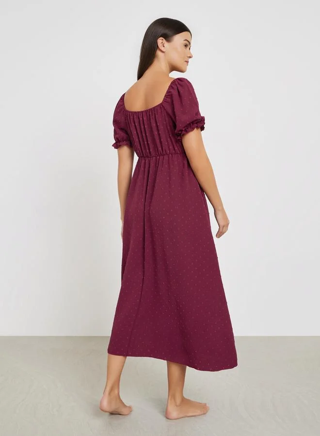 Styli Dobby Pattern Ruched V Neck Nightdress with Puff Sleeves