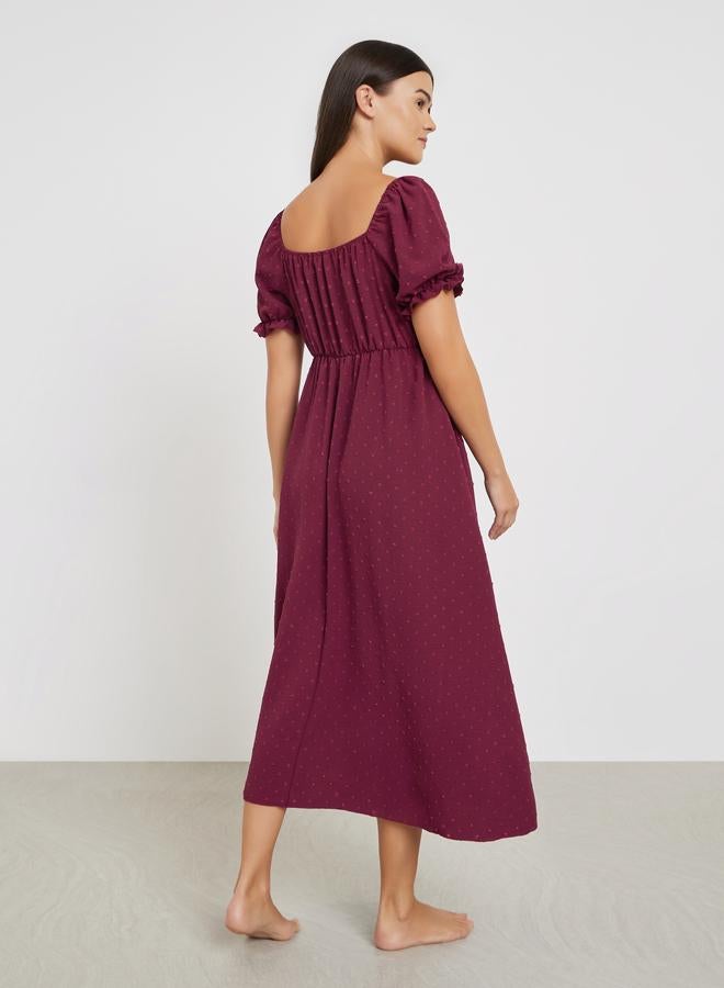 Styli Dobby Pattern Ruched V Neck Nightdress with Puff Sleeves - Image 4