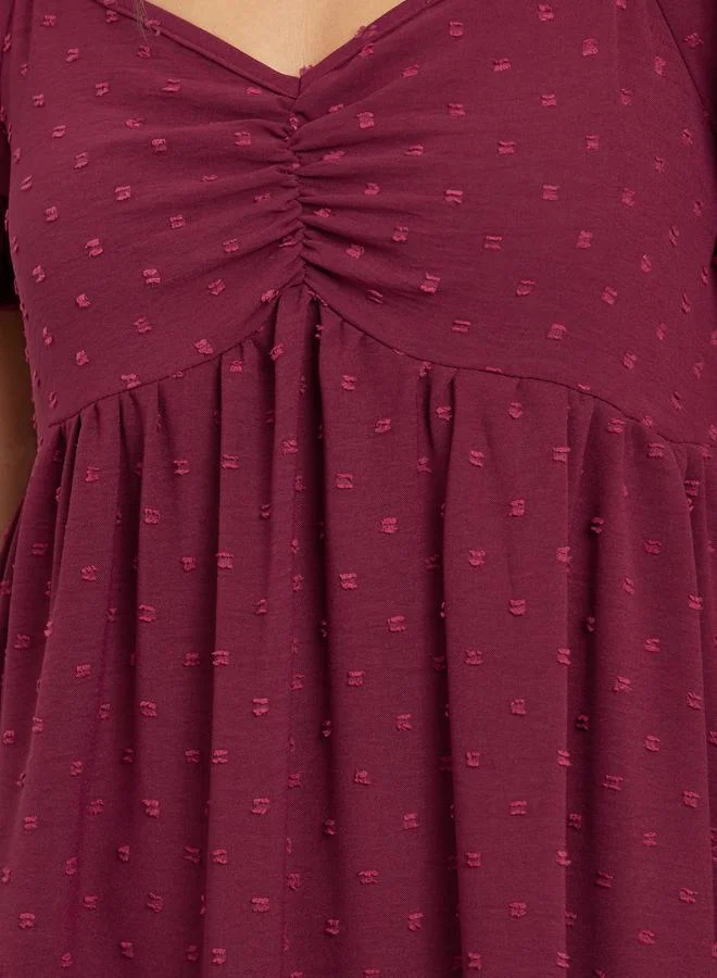 Styli Dobby Pattern Ruched V Neck Nightdress with Puff Sleeves