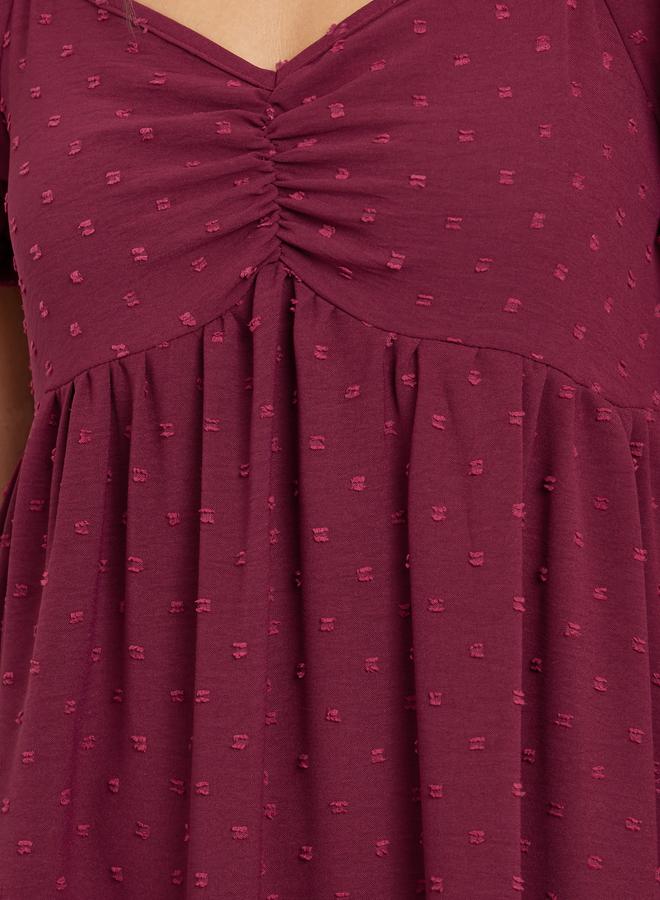 Styli Dobby Pattern Ruched V Neck Nightdress with Puff Sleeves - Image 3