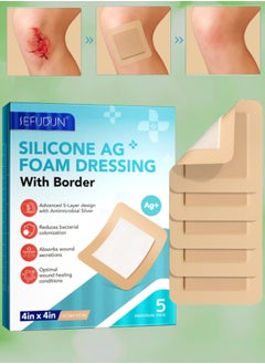 Sefudun 5Pcs Silicone AG Foam Dressing with Border Silicone Adhesive Foam Wound 5 Layer Bed Sore Bandage Foam Wound Dressing Silicone Bordered Sacral Pad with Adhesive Border 10x10 Silicone Foam Dressing Bandage  - Image 1
