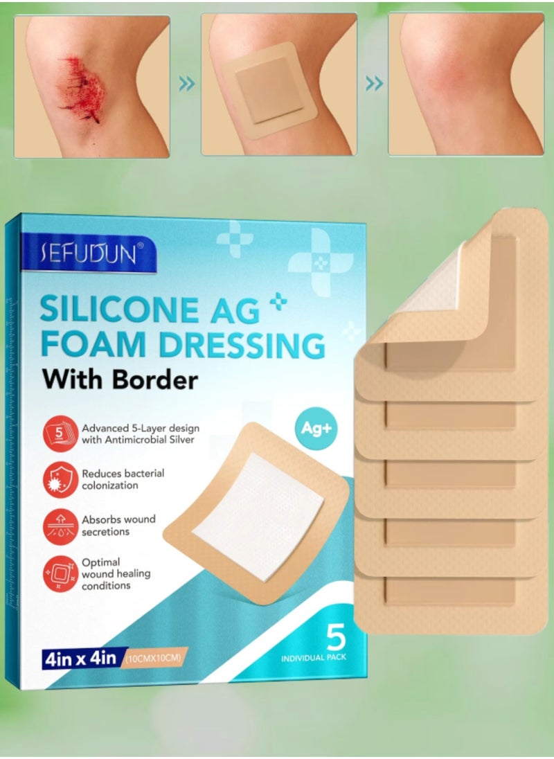 Sefudun 5Pcs Silicone AG Foam Dressing with Border Silicone Adhesive Foam Wound 5 Layer Bed Sore Bandage Foam Wound Dressing Silicone Bordered Sacral Pad with Adhesive Border 10x10 Silicone Foam Dressing Bandage  - Image 1