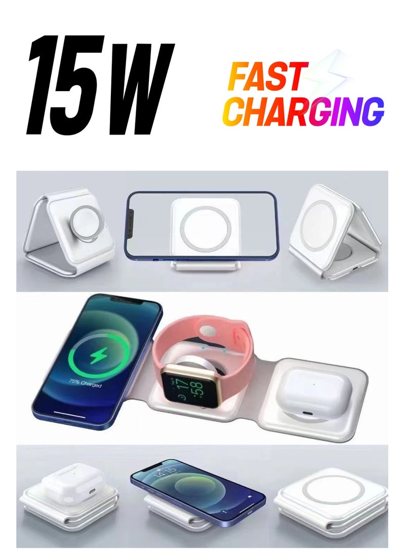 PanaX - 3 in 1 Wireless Charger Folding Mobile Phone Smart Watch Ultra-thin 15W Fast QI Magnetic Charger For Apple iPhone And Android White - Image 1