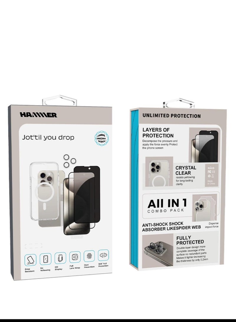 Hammer Integrated Hummer package for iPhone 15 , anti-yellowing, resistant to falling by a degree, slim crystal case, full lens protection, anti-scratch - Image 1