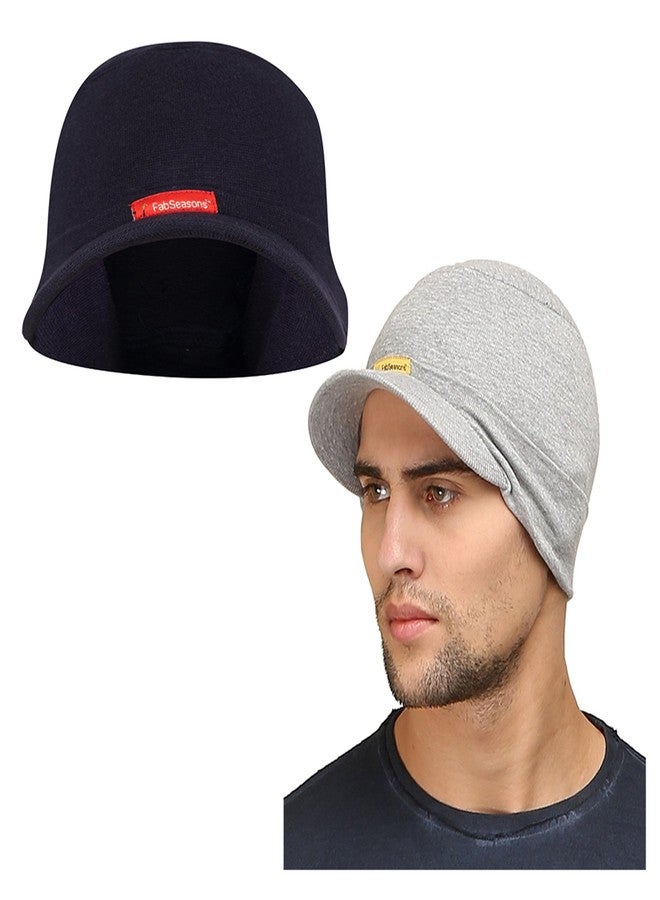 FabSeasons Cotton Skull Cap with Peak, Ideal for All Summer & Winters. Combo Pack of 2 (Gray, Blue) - Image 1