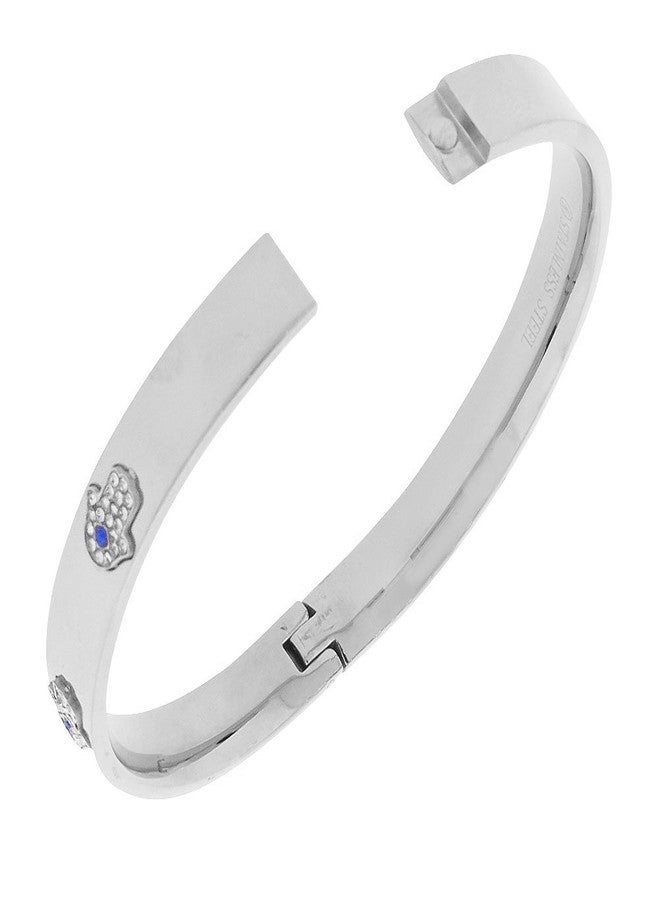 ماي ديلي ستايلز سوار ماي ديلي ستايلز من الفولاذ المقاوم للصدأ بلون فضي، مرصع بالزركونيا المكعبة باللونين الأبيض والأزرق، بتصميم يد فاطمة لجلب الحظ، طوله 7.5 بوصة. - Image 2