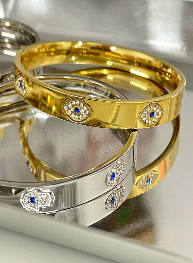 ماي ديلي ستايلز سوار ماي ديلي ستايلز من الفولاذ المقاوم للصدأ بلون فضي، مرصع بالزركونيا المكعبة باللونين الأبيض والأزرق، بتصميم يد فاطمة لجلب الحظ، طوله 7.5 بوصة. - Image 5