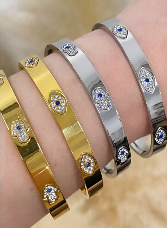 ماي ديلي ستايلز سوار ماي ديلي ستايلز من الفولاذ المقاوم للصدأ بلون فضي، مرصع بالزركونيا المكعبة باللونين الأبيض والأزرق، بتصميم يد فاطمة لجلب الحظ، طوله 7.5 بوصة. - Image 4