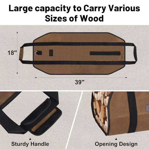 FEED GARDEN Firewood Carrier Bag Heavy Duty Waxed Canvas Log Carrier for Firewood Large Log Tote Fire Wood Carrying Bag with Handles for Easy Transport Carrying and Wood Stove Accessories - Image 3