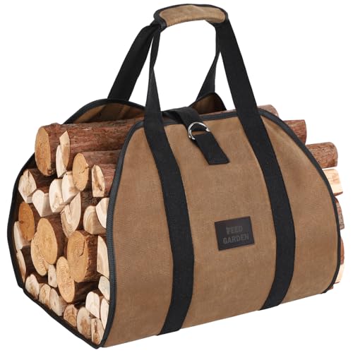 FEED GARDEN Firewood Carrier Bag Heavy Duty Waxed Canvas Log Carrier for Firewood Large Log Tote Fire Wood Carrying Bag with Handles for Easy Transport Carrying and Wood Stove Accessories - Image 1