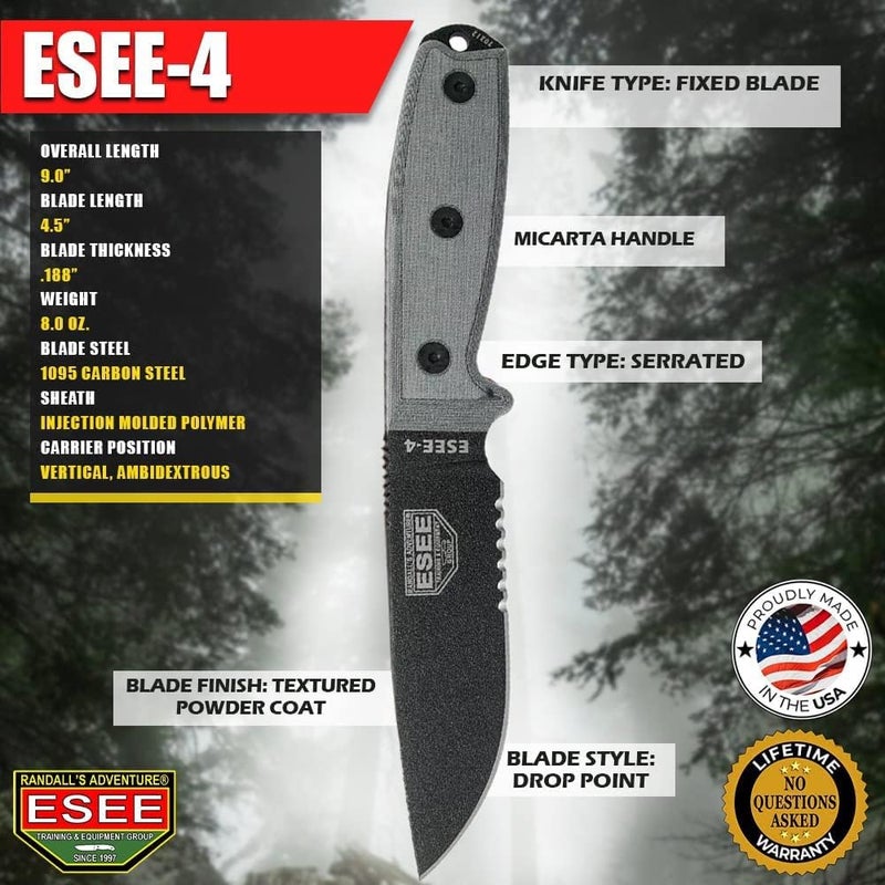 ESEE Knives Model 4S Survival Knife – Serrated Edge, Fixed Blade Knife, Includes Sheath - Field Tested, Made in the USA - Image 2