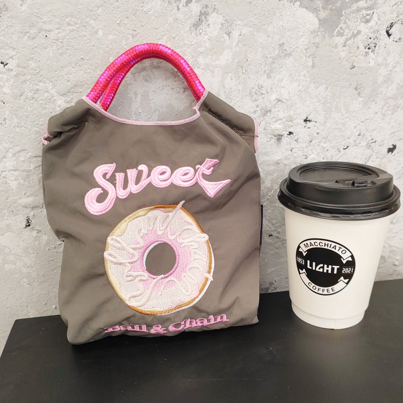 Japanese Style Ballchain Same Style Environmental Protection Embroidery Shopping Bag Nylon Cloth Flower Portable Niche Fashion Shopping Bag - Image 5