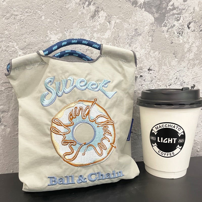 Japanese Style Ballchain Same Style Environmental Protection Embroidery Shopping Bag Nylon Cloth Flower Portable Niche Fashion Shopping Bag - Image 3