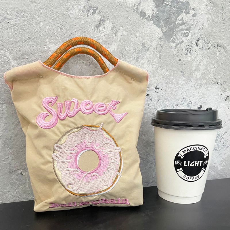 Japanese Style Ballchain Same Style Environmental Protection Embroidery Shopping Bag Nylon Cloth Flower Portable Niche Fashion Shopping Bag - Image 4
