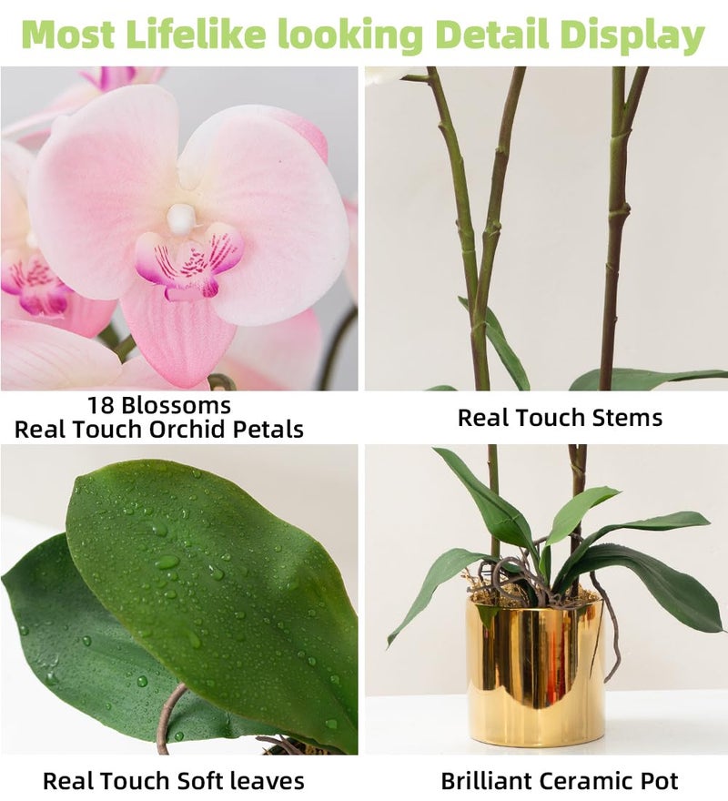 CXGS Artificial Orchid Flower Plant Real Touch Faux Orchids in Ceramic Vase Pink 19.7'' Fake Phalaenopsis Flower Arrangement Centerpiece Home Indoor Decor - Image 2
