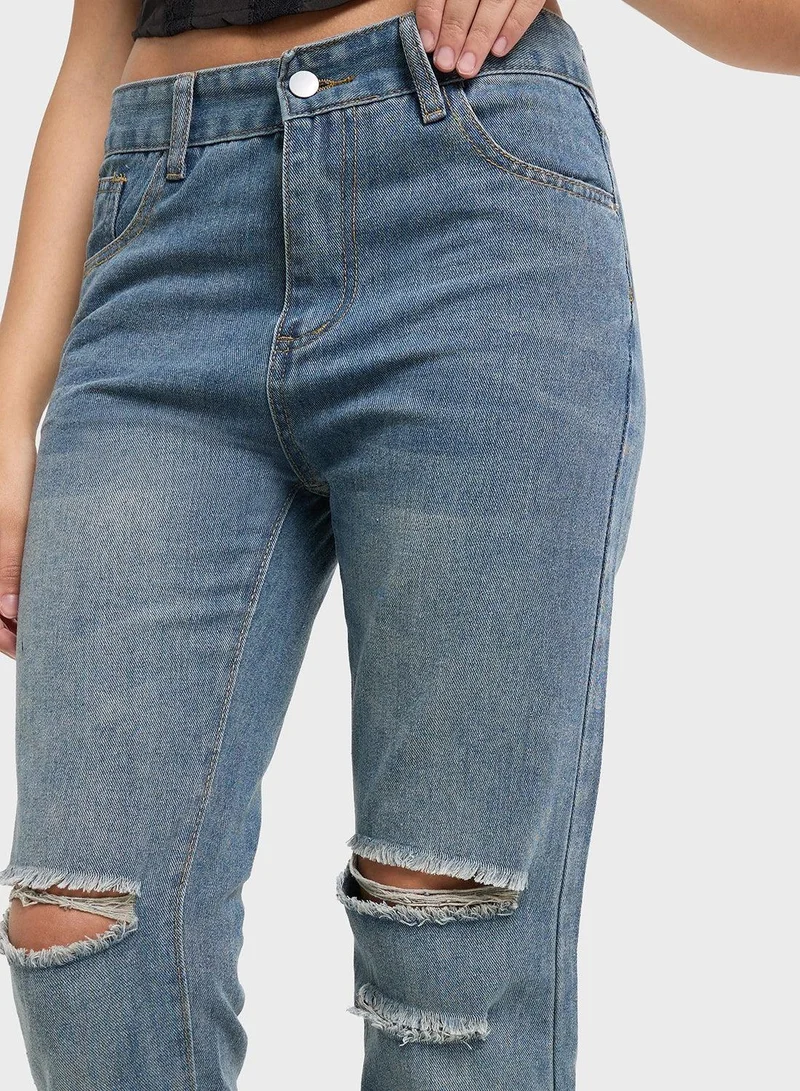 Ginger BLUE High Rise Relaxed Fit Ripped Jeans for Women | Best Price UAE