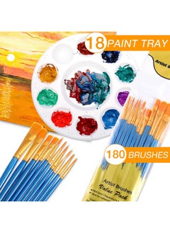 Yahenda 198 Pcs Paint Brush Palette Set, 180 Pcs Brushes And 18 Pcs Round Paint Tray Palettes Paint Pallets For Adults Art Paintbrush Sets For Kids Nylon Hair Paint Brushes Acrylic Oil Watercolor Painting  - Image 2