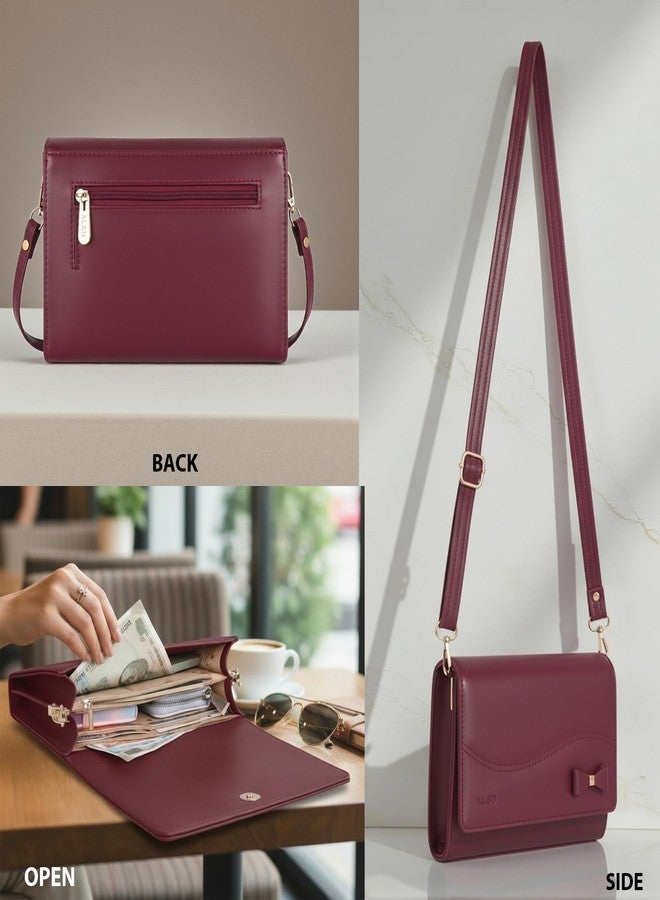 ALSU Women's Sling Bag | Cross body bag| Side bag| Credit car slots| zipper pockets| detachable straps| adjustable straps| daily use| phone pockets (Maroon) - Image 3