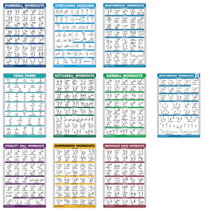 QUICKFIT 10 Pack Exercise Workout Poster Set Bodyweight Volume 1 2 Dumbbell Suspension Kettlebell Resistance Bands Stretching Barbell Yoga Poses Exercise Ball Laminated 18 x 24