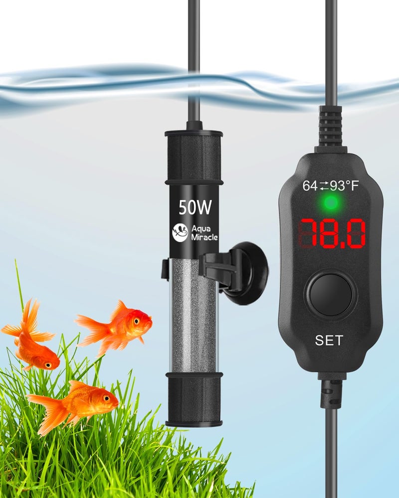 AquaMiracle Adjustable 50W Aquarium Heater Submersible Fish Tank Heater Super Short Aquarium Heater with LED Digital Display Thermostat, for Tanks 5-10 Gallons - Image 1