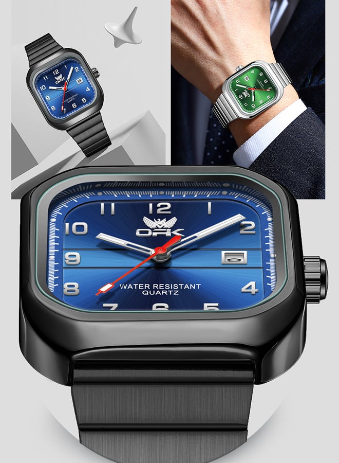 Opk Brand Watch, Stylish Business Exquisite Quartz Watch, Waterproof Single Calendar, Men'S Watch - 6040 Black Steel, Blue Dial. - Image 5