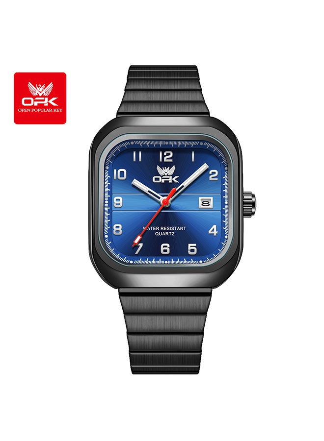 Opk Brand Watch, Stylish Business Exquisite Quartz Watch, Waterproof Single Calendar, Men'S Watch - 6040 Black Steel, Blue Dial. - Image 1